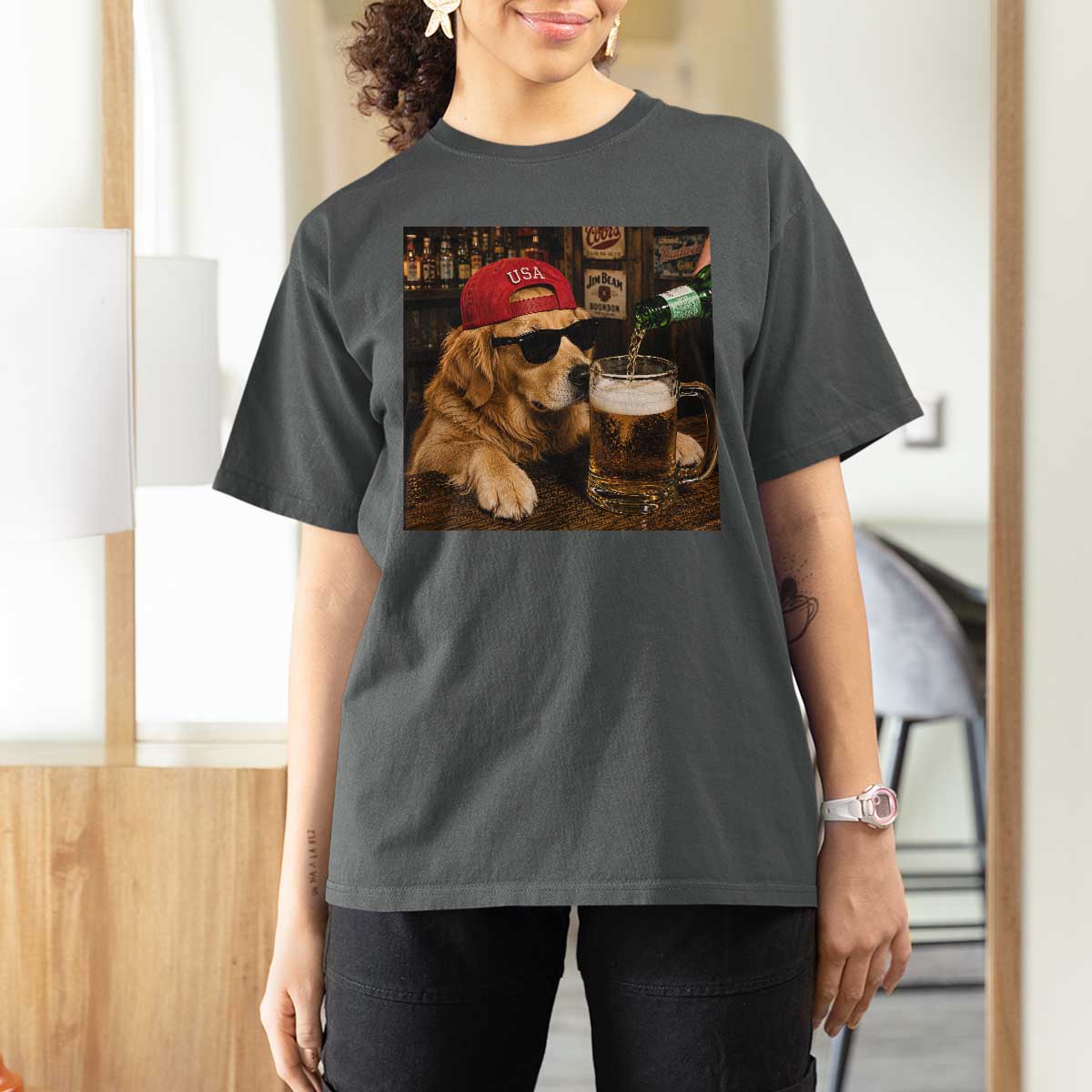 Funny Golden Retriever Drinking Beer T Shirt For Women Silly Dog Meme Graphic Sarcastic Gift