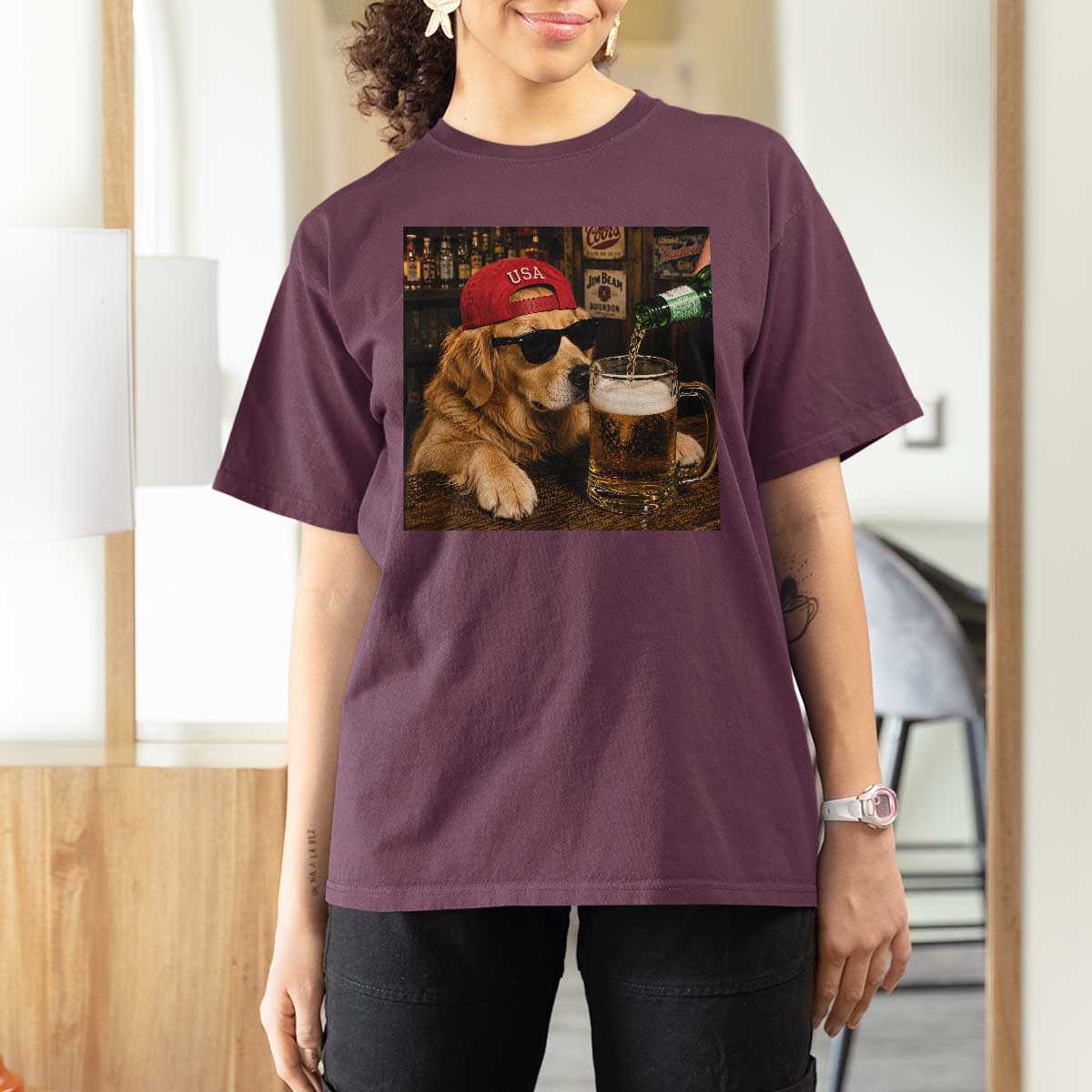 Funny Golden Retriever Drinking Beer T Shirt For Women Silly Dog Meme Graphic Sarcastic Gift
