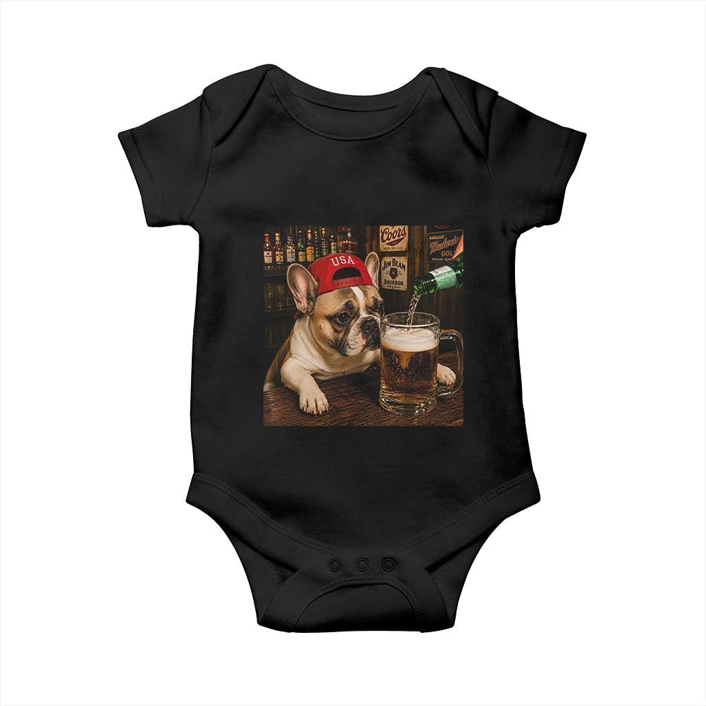 French Bulldog Drinking Beer Baby Onesie Silly Dog Meme Graphic Sarcastic Gift