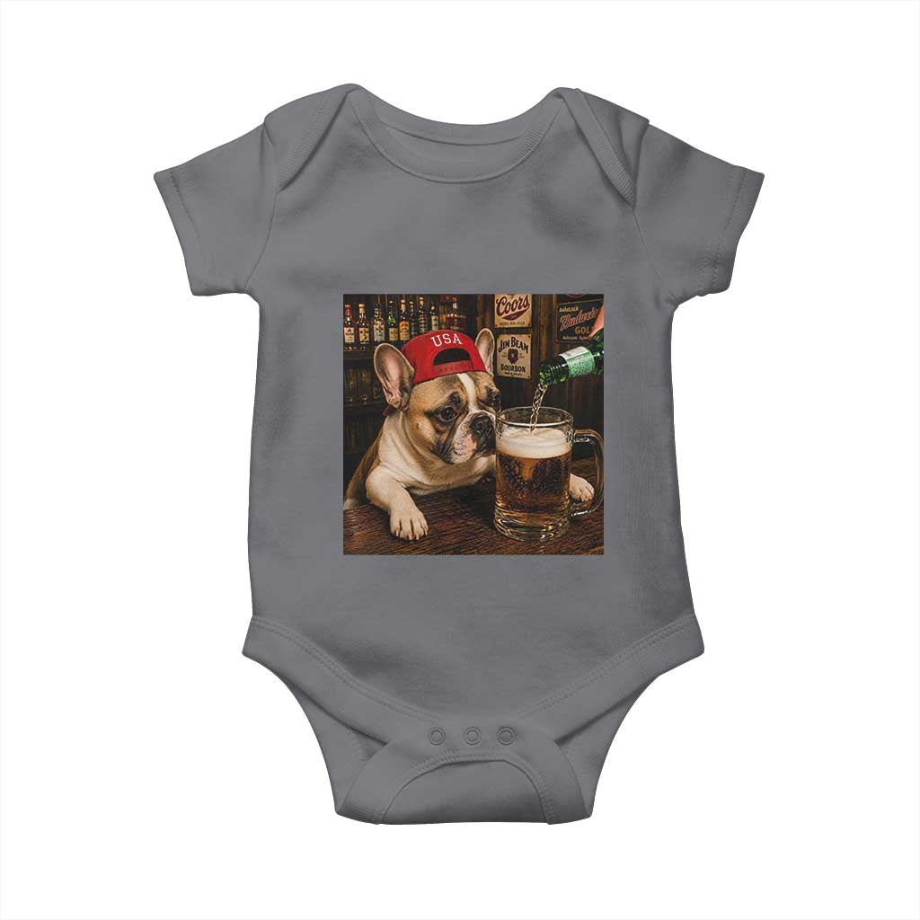 French Bulldog Drinking Beer Baby Onesie Silly Dog Meme Graphic Sarcastic Gift