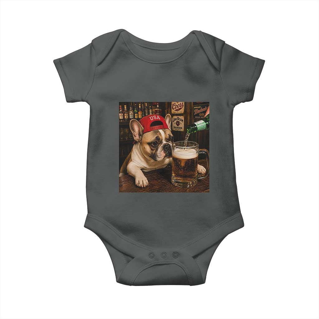 French Bulldog Drinking Beer Baby Onesie Silly Dog Meme Graphic Sarcastic Gift