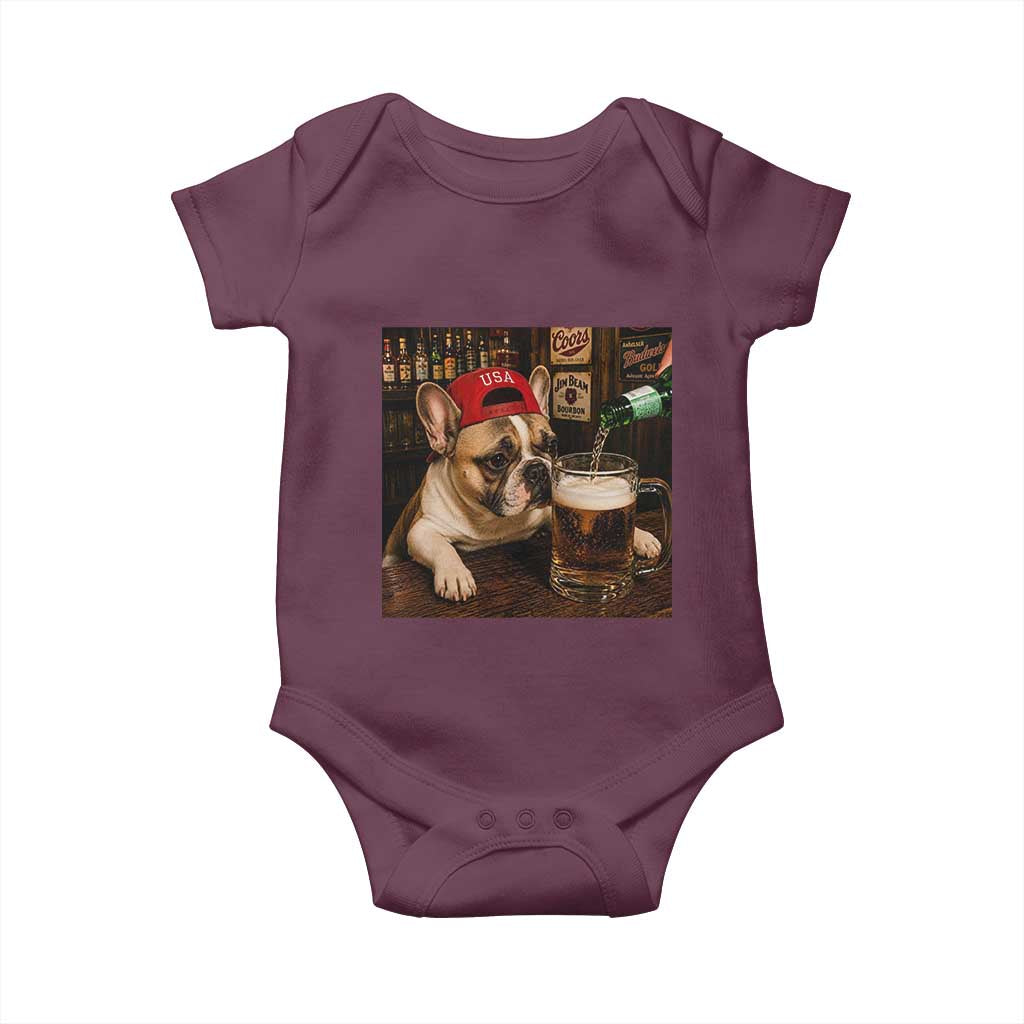 French Bulldog Drinking Beer Baby Onesie Silly Dog Meme Graphic Sarcastic Gift