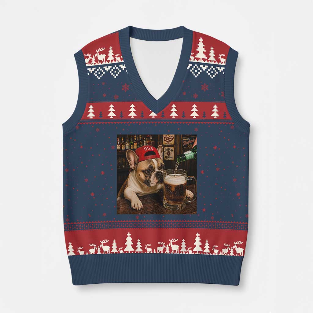 French Bulldog Drinking Beer V-Neck Knit Sweater Vest Silly Dog Meme Graphic Sarcastic Gift