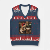 French Bulldog Drinking Beer V-Neck Knit Sweater Vest Silly Dog Meme Graphic Sarcastic Gift