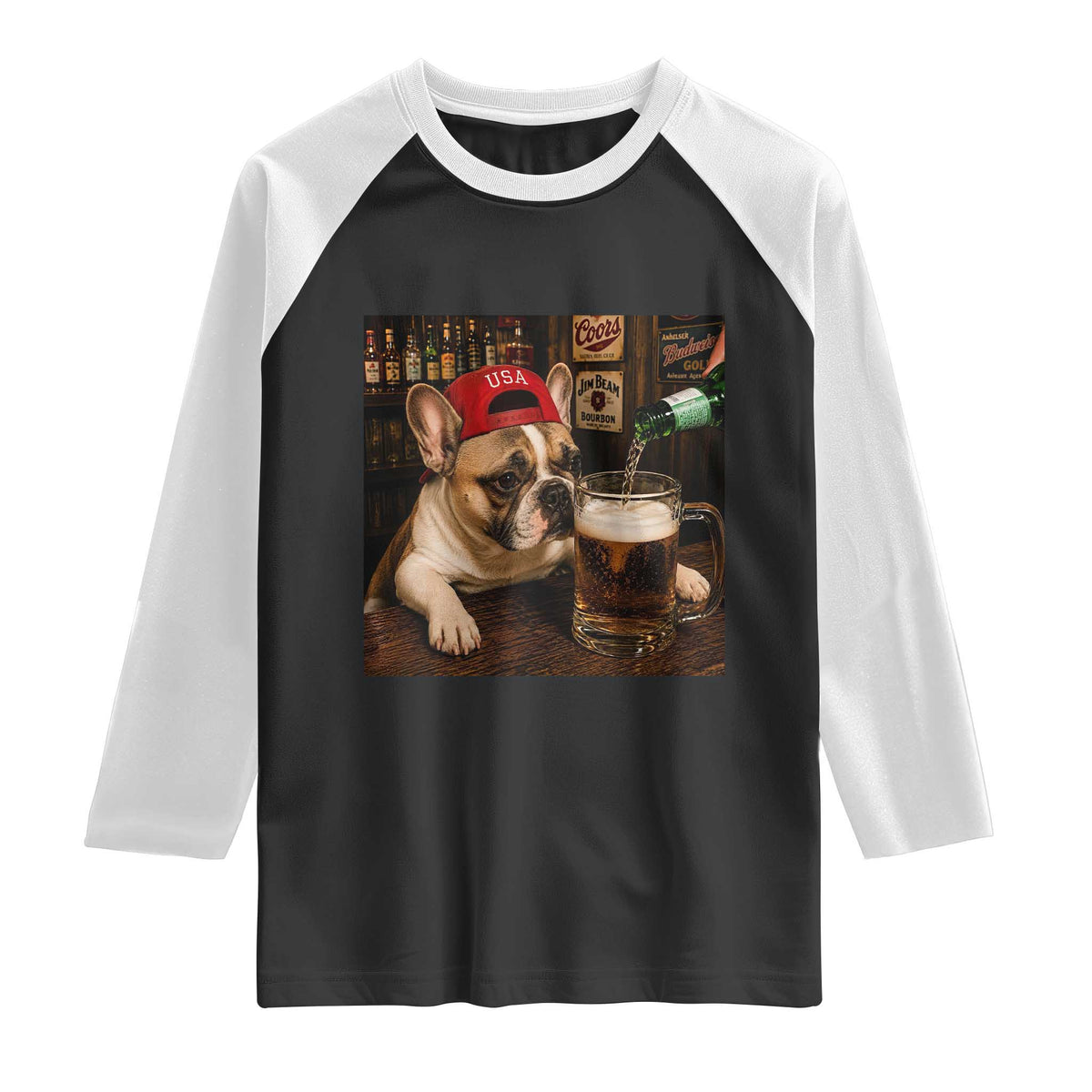 French Bulldog Drinking Beer Raglan Shirt Silly Dog Meme Graphic Sarcastic Gift