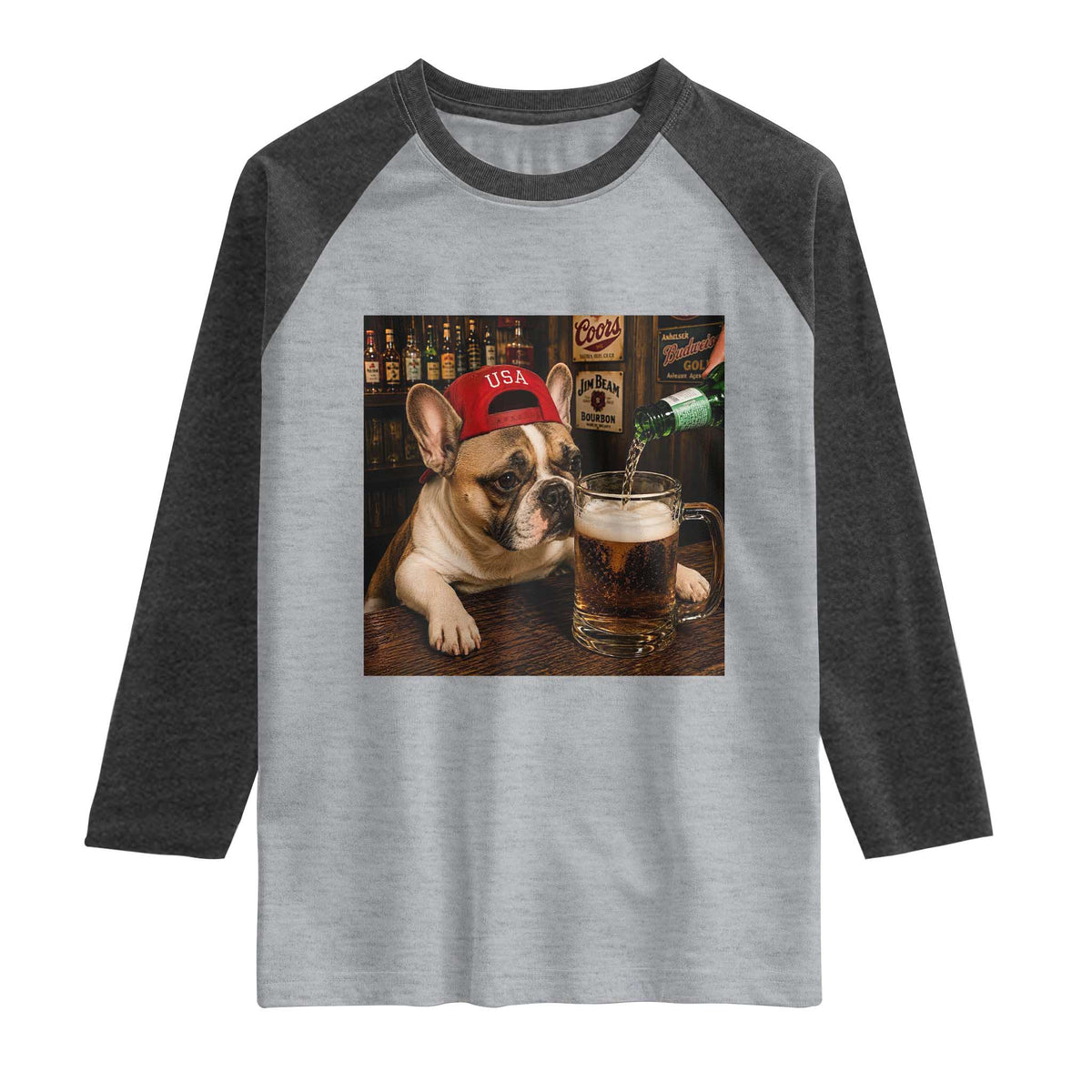 French Bulldog Drinking Beer Raglan Shirt Silly Dog Meme Graphic Sarcastic Gift