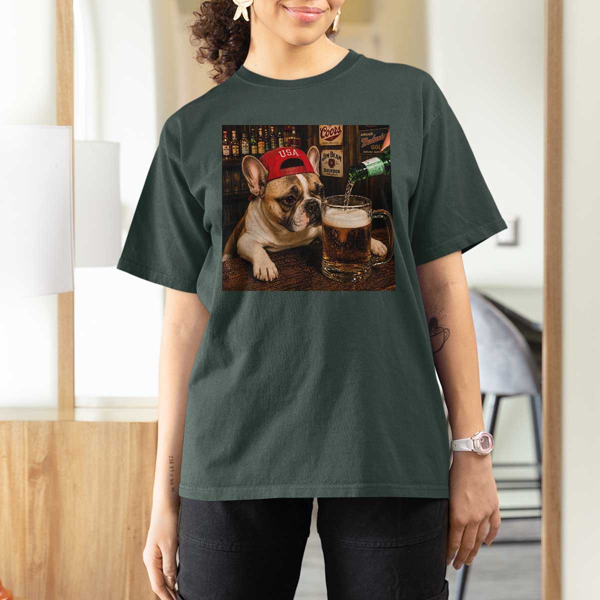 French Bulldog Drinking Beer T Shirt For Women Silly Dog Meme Graphic Sarcastic Gift