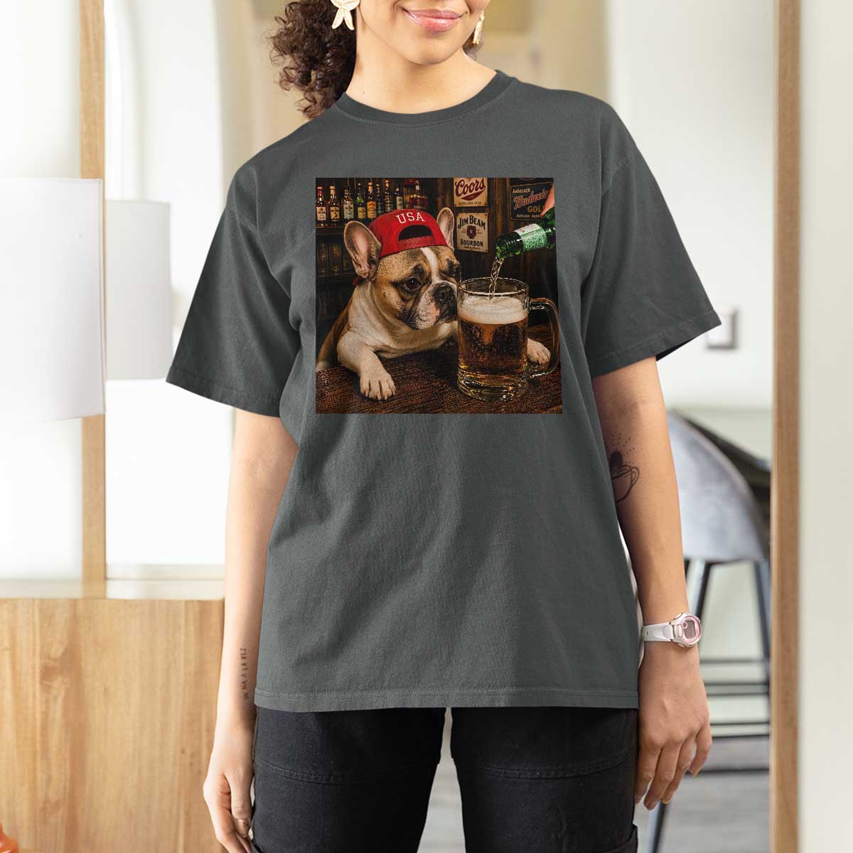 French Bulldog Drinking Beer T Shirt For Women Silly Dog Meme Graphic Sarcastic Gift