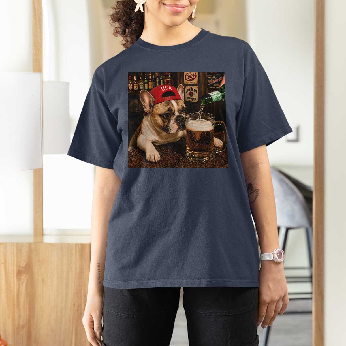 French Bulldog Drinking Beer T Shirt For Women Silly Dog Meme Graphic Sarcastic Gift