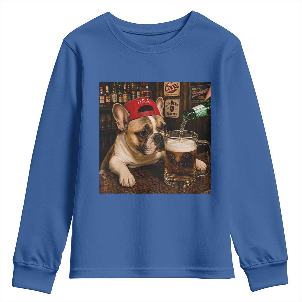 French Bulldog Drinking Beer Youth Sweatshirt Silly Dog Meme Graphic Sarcastic Gift