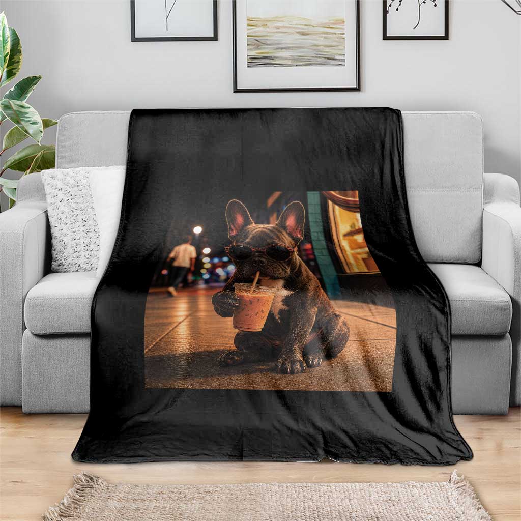 French Bulldog Iced Coffee Throw Blanket Grunge Frenchie Graphic Funny Dog Lover