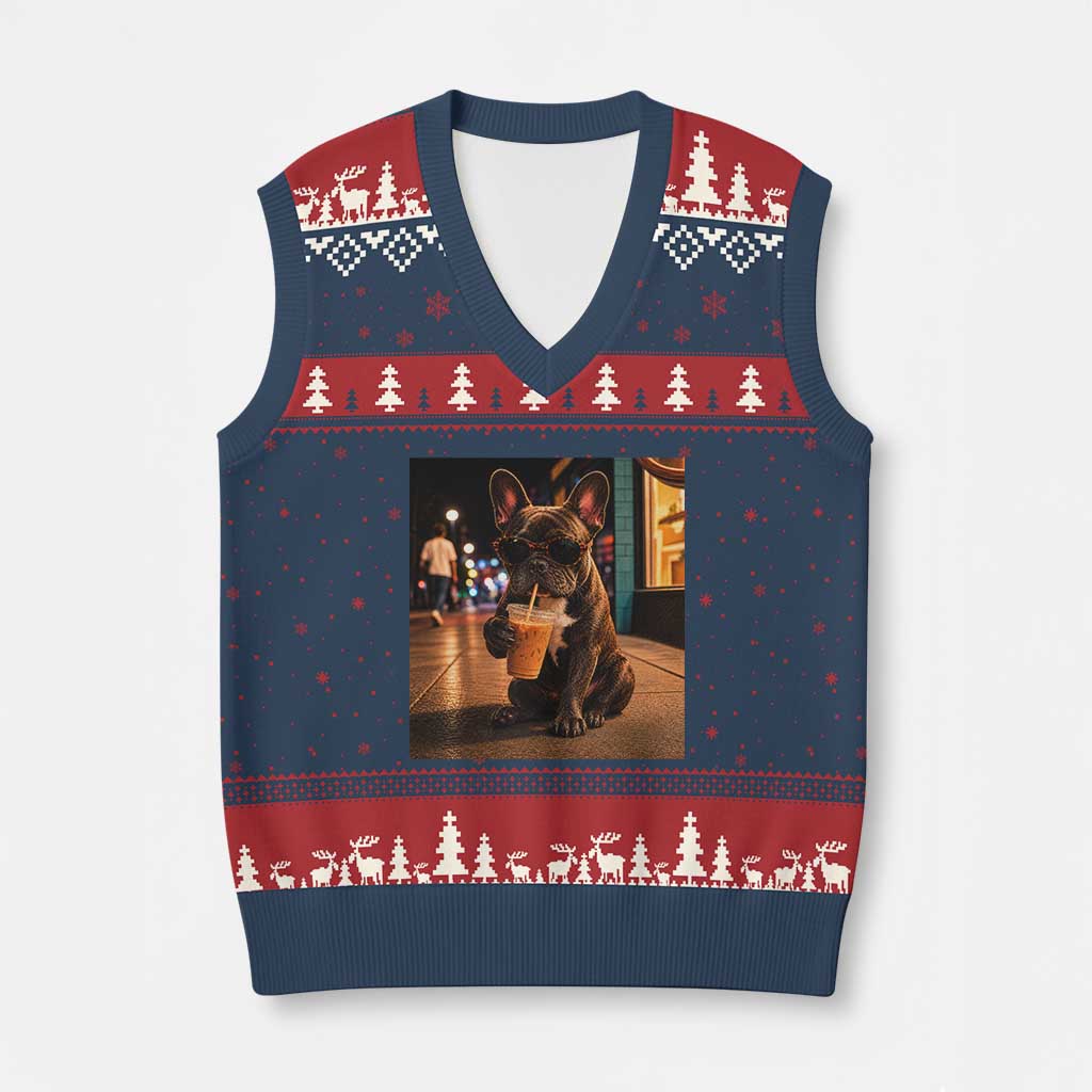 French Bulldog Iced Coffee V-Neck Knit Sweater Vest Grunge Frenchie Graphic Funny Dog Lover