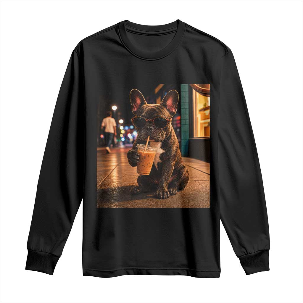 French Bulldog Iced Coffee Long Sleeve Shirt Grunge Frenchie Graphic Funny Dog Lover