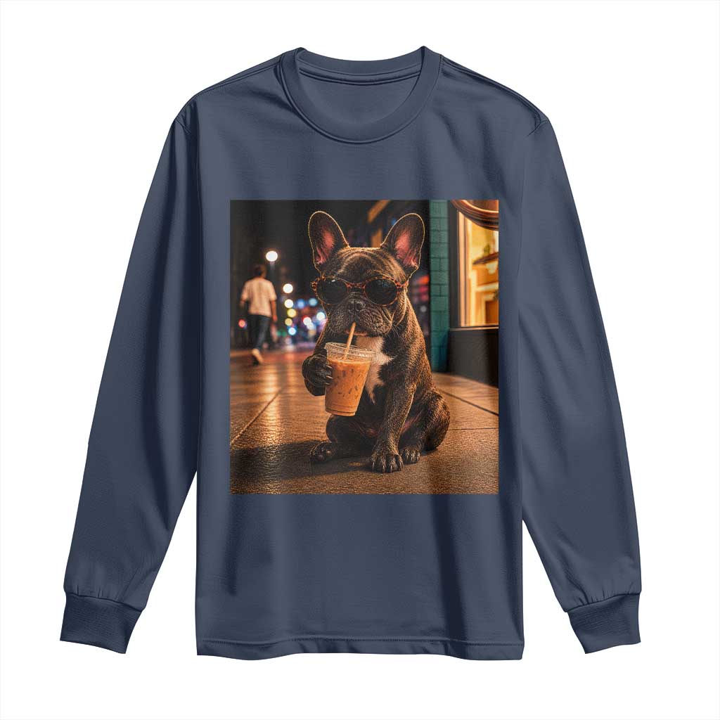 French Bulldog Iced Coffee Long Sleeve Shirt Grunge Frenchie Graphic Funny Dog Lover