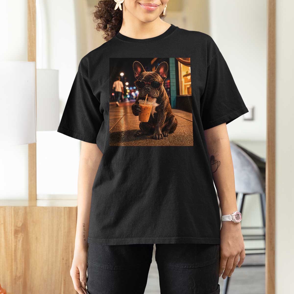 French Bulldog Iced Coffee T Shirt For Women Grunge Frenchie Graphic Funny Dog Lover