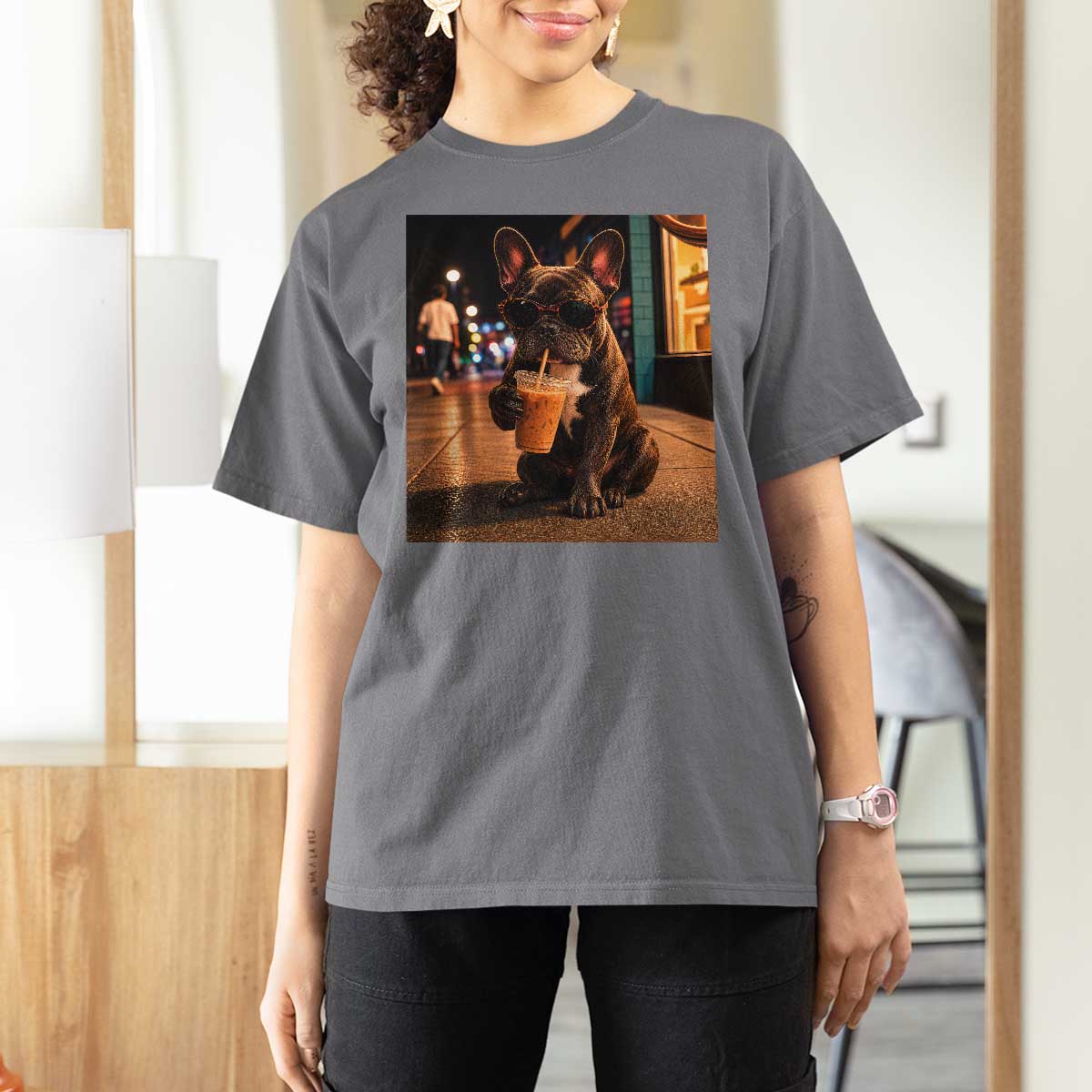 French Bulldog Iced Coffee T Shirt For Women Grunge Frenchie Graphic Funny Dog Lover