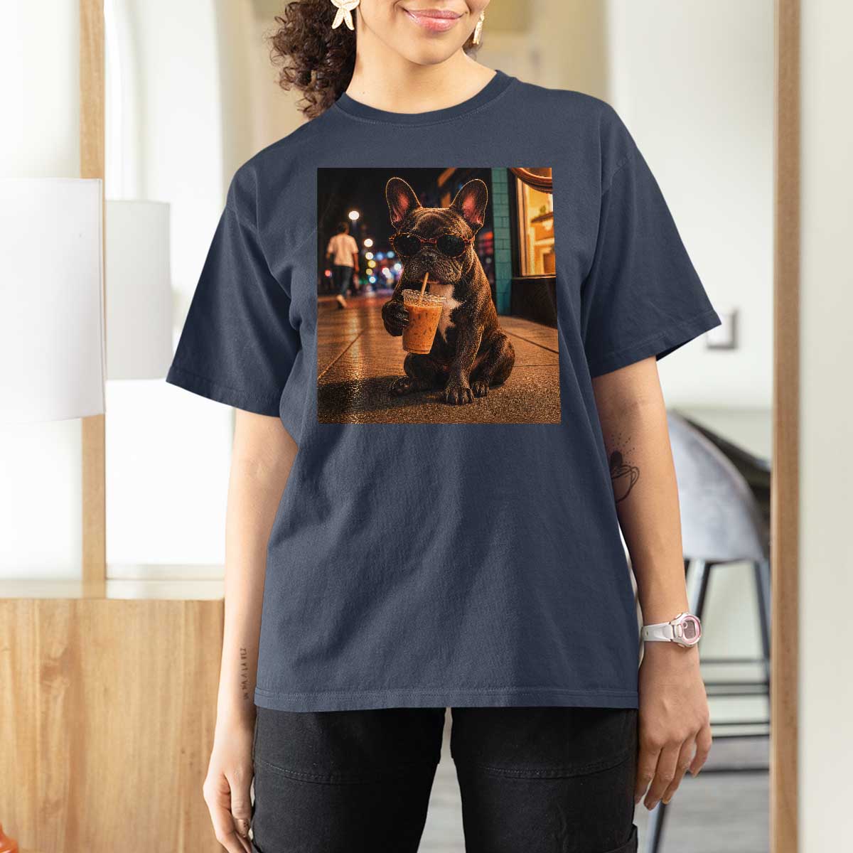 French Bulldog Iced Coffee T Shirt For Women Grunge Frenchie Graphic Funny Dog Lover