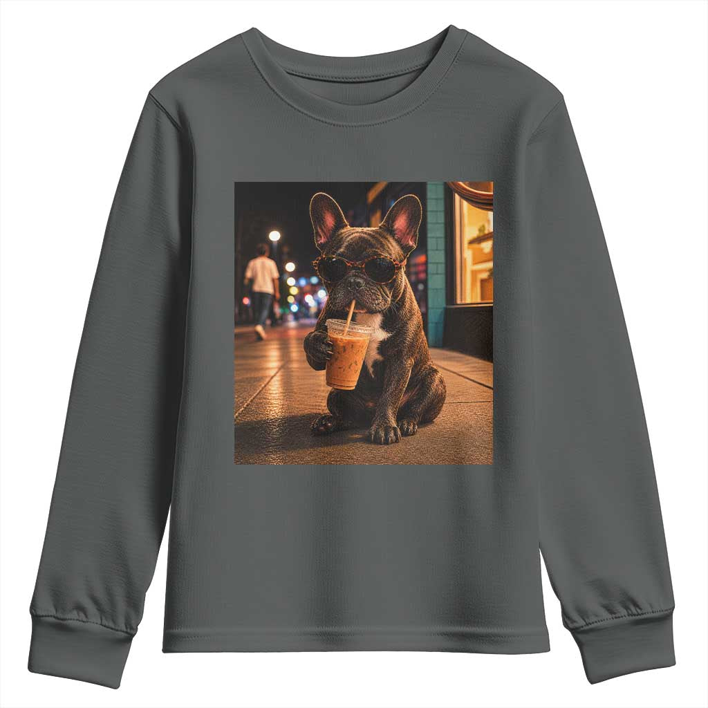 French Bulldog Iced Coffee Youth Sweatshirt Grunge Frenchie Graphic Funny Dog Lover