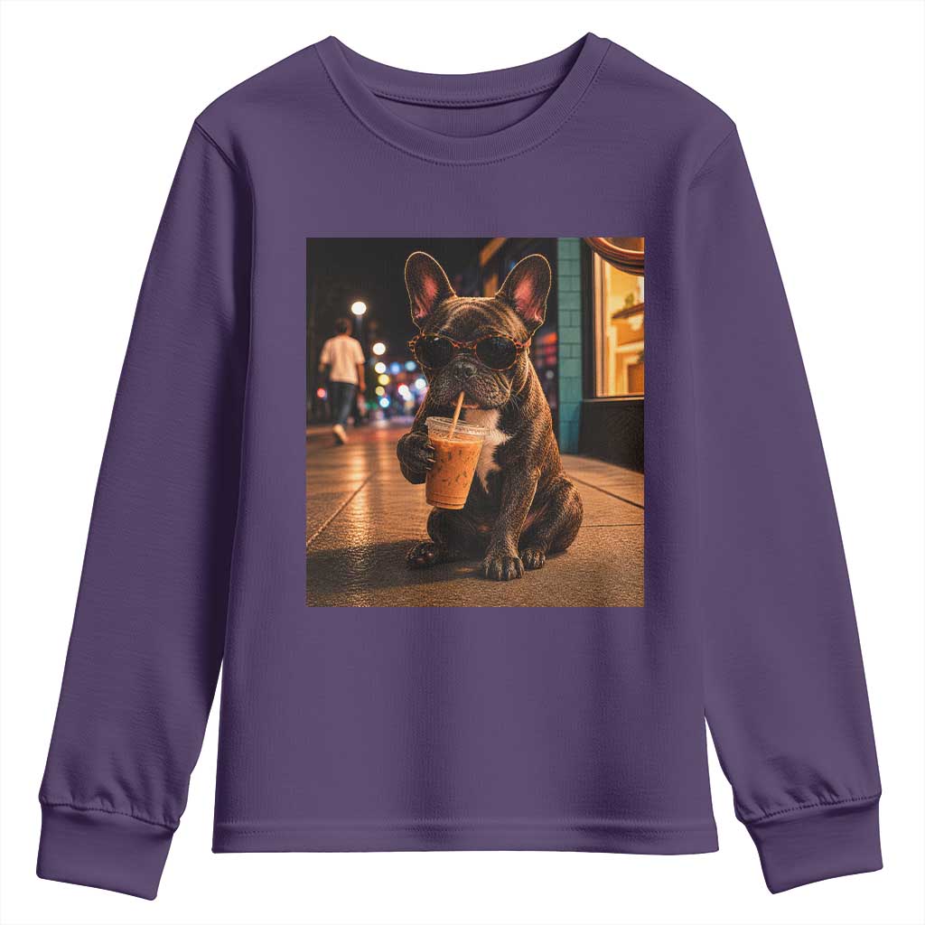 French Bulldog Iced Coffee Youth Sweatshirt Grunge Frenchie Graphic Funny Dog Lover