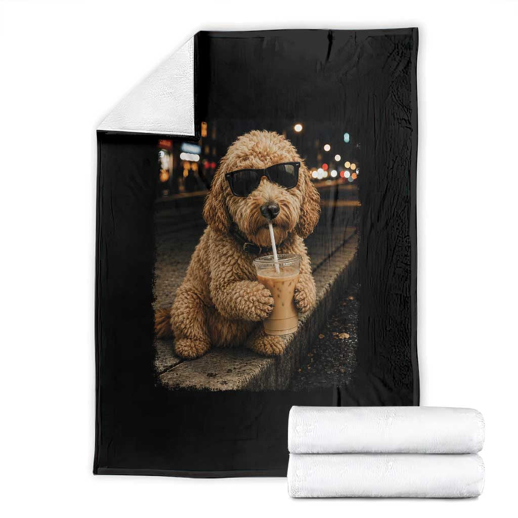 Goldendoodle Drinking Iced Coffee Throw Blanket Grunge Graphic Funny Dog Lover