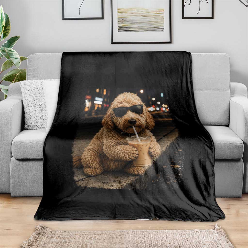 Goldendoodle Drinking Iced Coffee Throw Blanket Grunge Graphic Funny Dog Lover