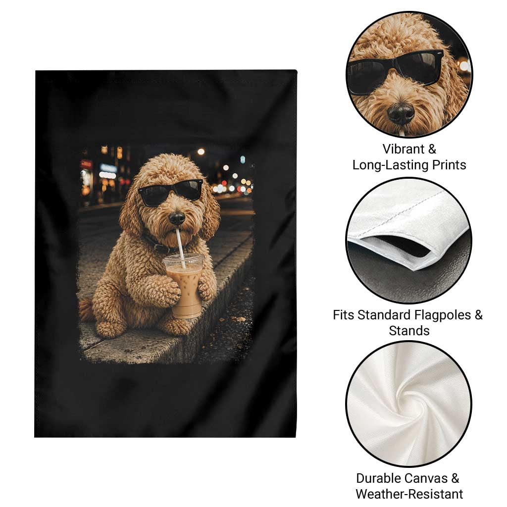 Goldendoodle Drinking Iced Coffee Garden Flag Grunge Graphic Funny Dog Lover
