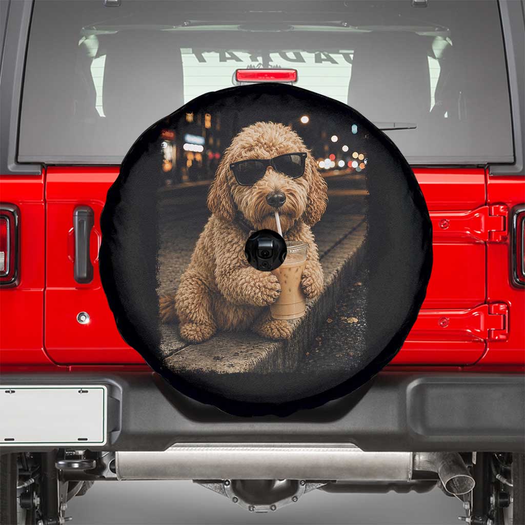 Goldendoodle Drinking Iced Coffee Spare Tire Cover Grunge Graphic Funny Dog Lover