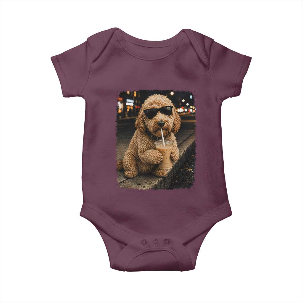 Goldendoodle Drinking Iced Coffee Baby Onesie Grunge Graphic Funny Dog Lover