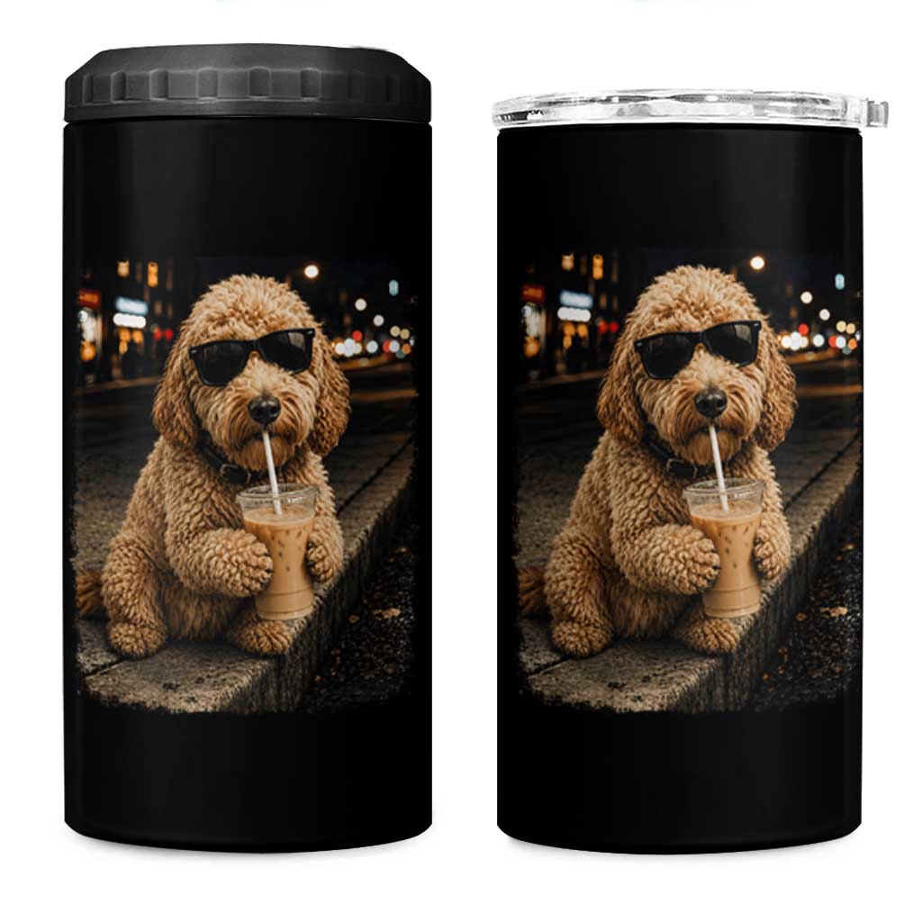 Goldendoodle Drinking Iced Coffee 4 in 1 Can Cooler Tumbler Grunge Graphic Funny Dog Lover