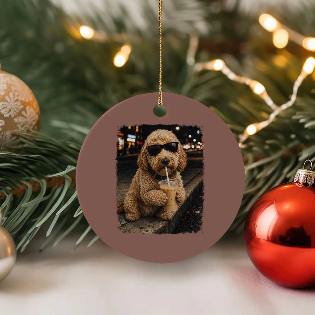 Goldendoodle Drinking Iced Coffee Ceramic Ornament Grunge Graphic Funny Dog Lover