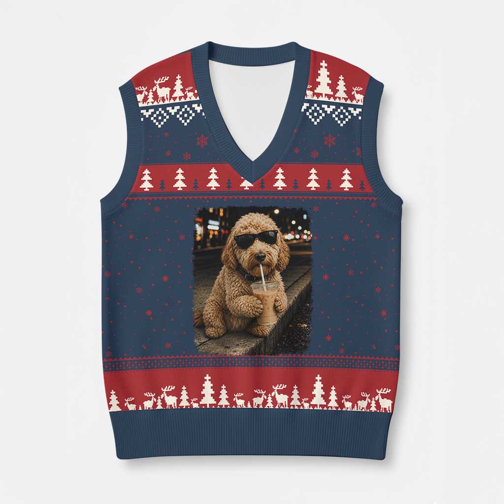 Goldendoodle Drinking Iced Coffee V-Neck Knit Sweater Vest Grunge Graphic Funny Dog Lover