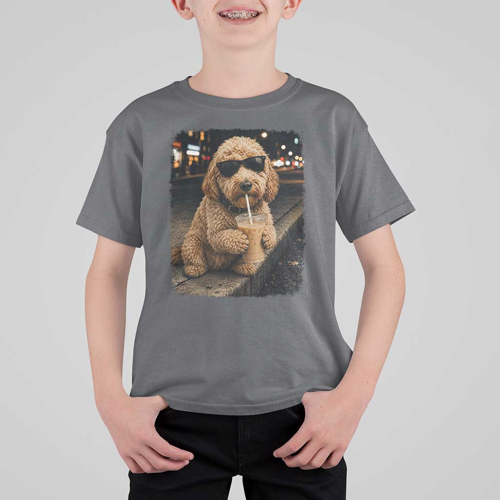 Goldendoodle Drinking Iced Coffee T Shirt For Kid Grunge Graphic Funny Dog Lover