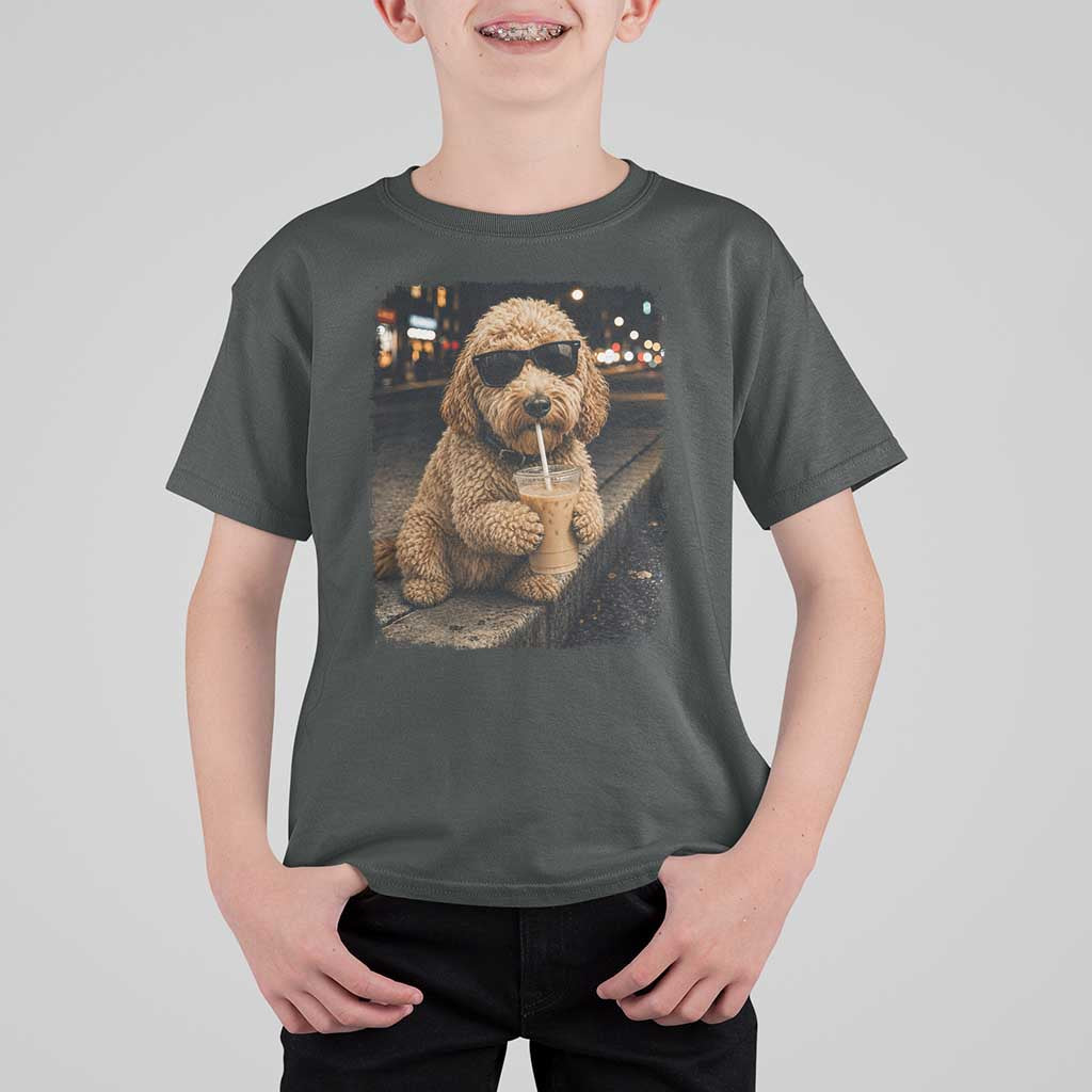 Goldendoodle Drinking Iced Coffee T Shirt For Kid Grunge Graphic Funny Dog Lover