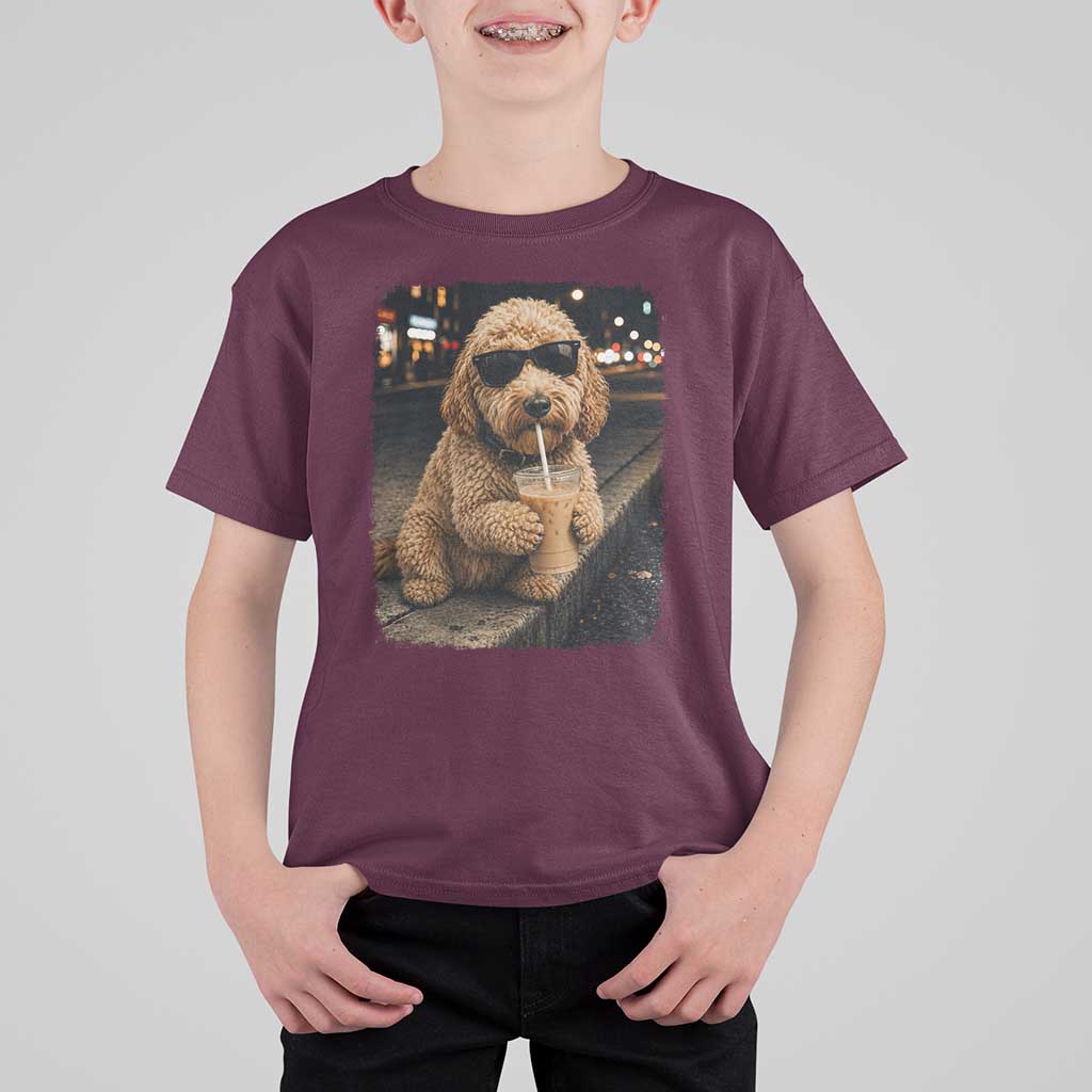 Goldendoodle Drinking Iced Coffee T Shirt For Kid Grunge Graphic Funny Dog Lover