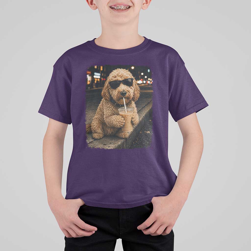 Goldendoodle Drinking Iced Coffee T Shirt For Kid Grunge Graphic Funny Dog Lover