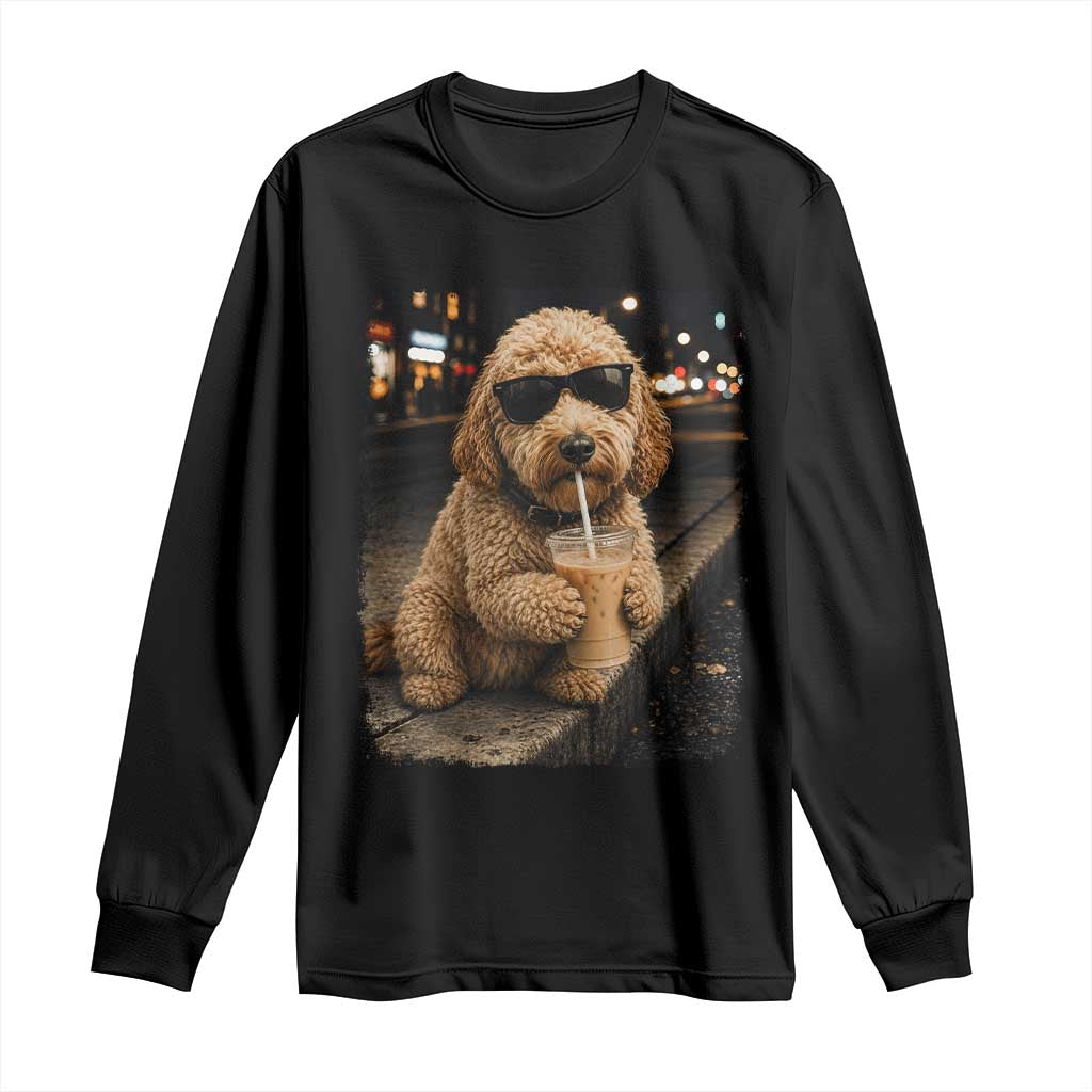 Goldendoodle Drinking Iced Coffee Long Sleeve Shirt Grunge Graphic Funny Dog Lover
