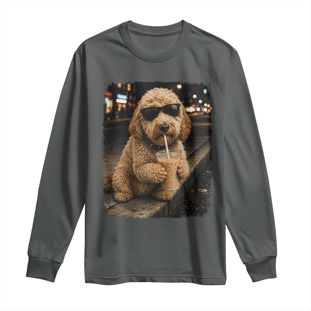 Goldendoodle Drinking Iced Coffee Long Sleeve Shirt Grunge Graphic Funny Dog Lover