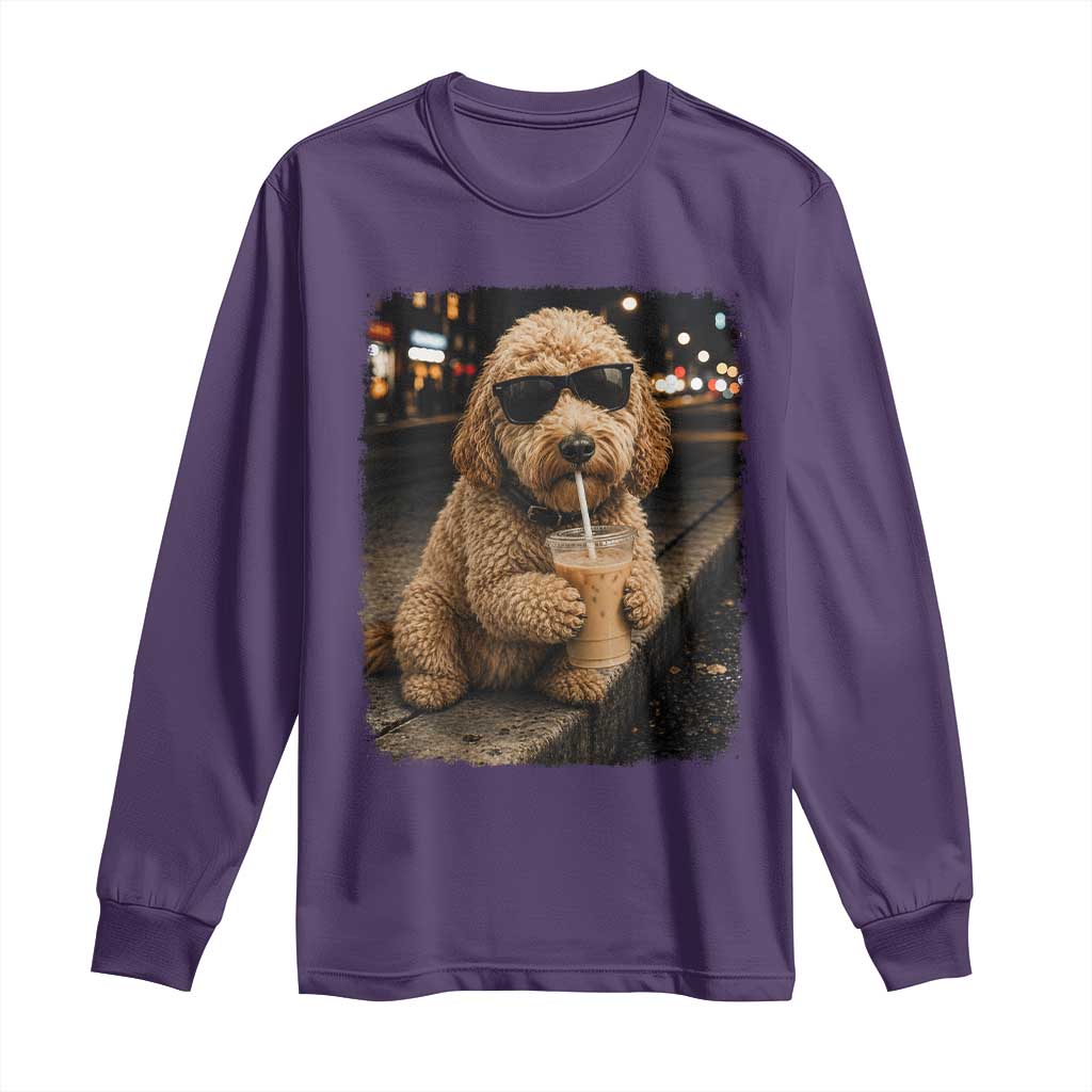 Goldendoodle Drinking Iced Coffee Long Sleeve Shirt Grunge Graphic Funny Dog Lover
