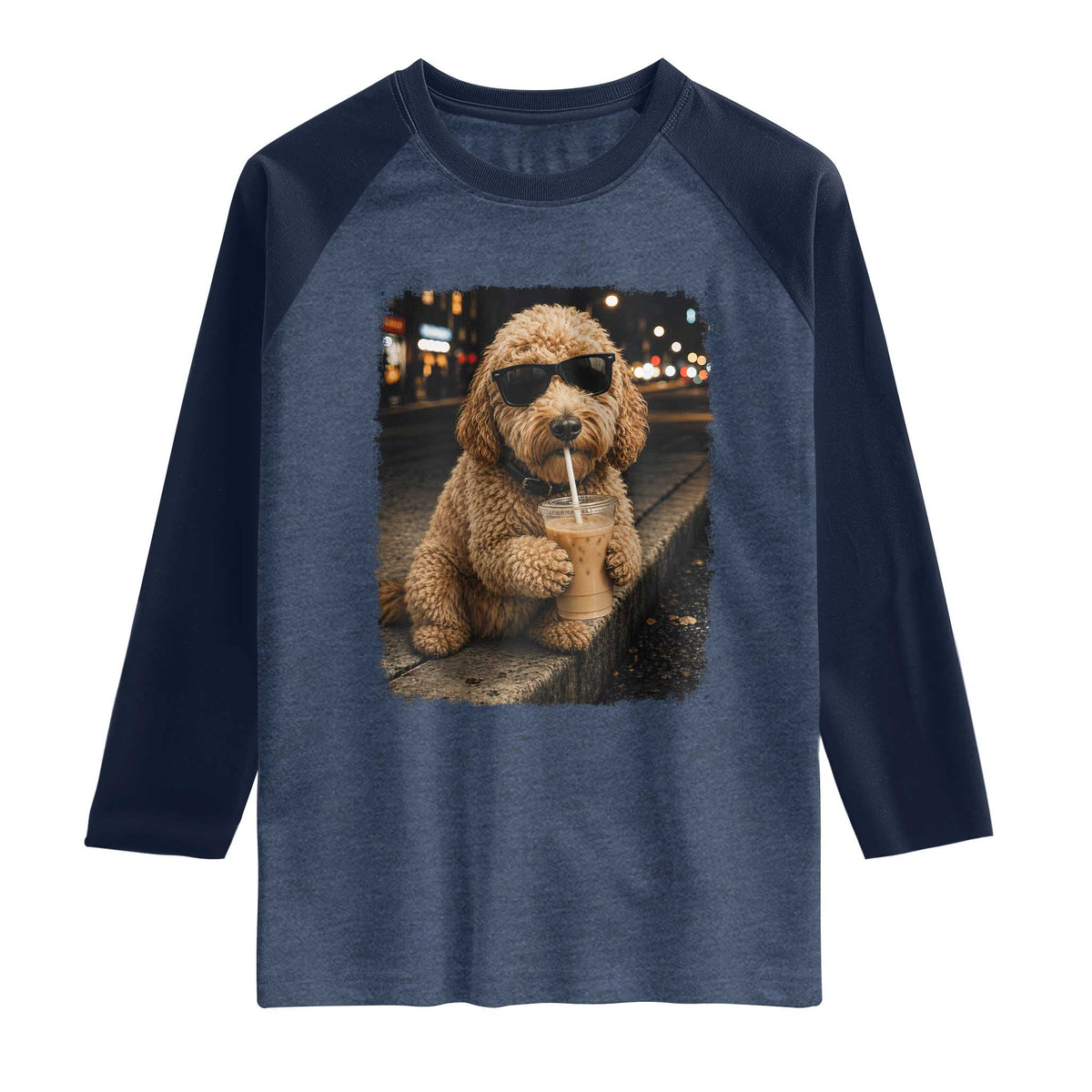 Goldendoodle Drinking Iced Coffee Raglan Shirt Grunge Graphic Funny Dog Lover