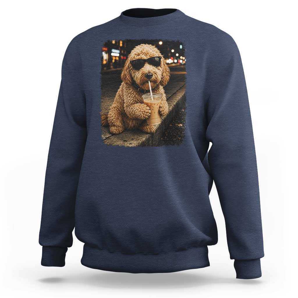 Goldendoodle Drinking Iced Coffee Sweatshirt Grunge Graphic Funny Dog Lover