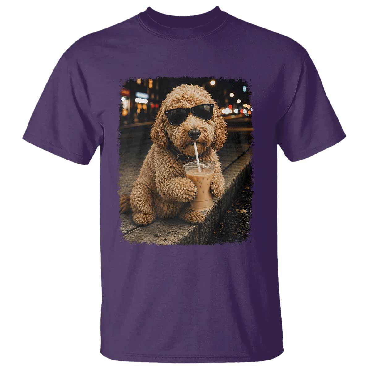 Goldendoodle Drinking Iced Coffee T Shirt Grunge Graphic Funny Dog Lover