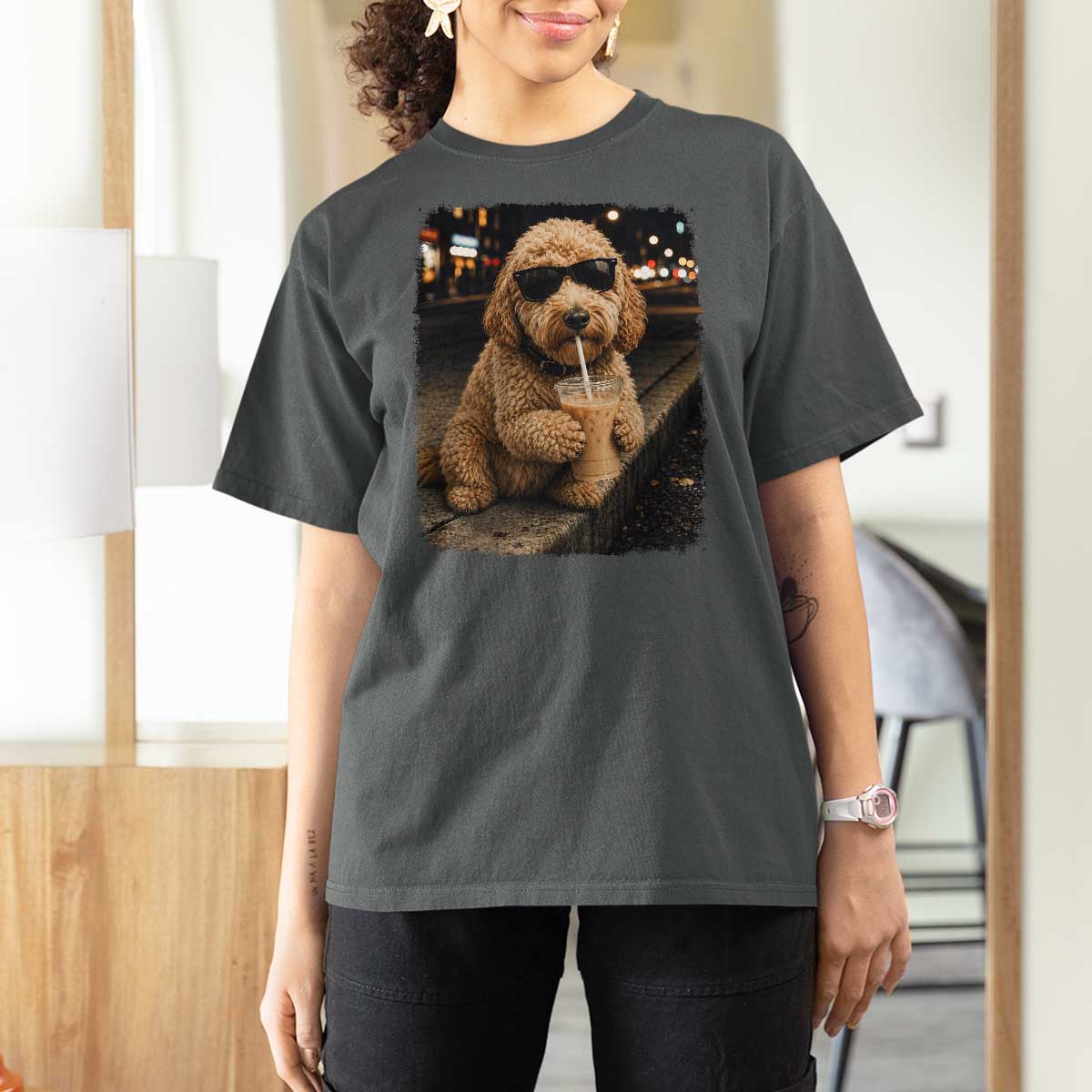 Goldendoodle Drinking Iced Coffee T Shirt For Women Grunge Graphic Funny Dog Lover