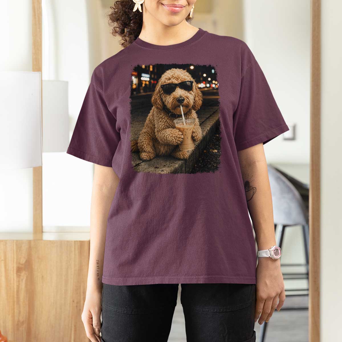 Goldendoodle Drinking Iced Coffee T Shirt For Women Grunge Graphic Funny Dog Lover