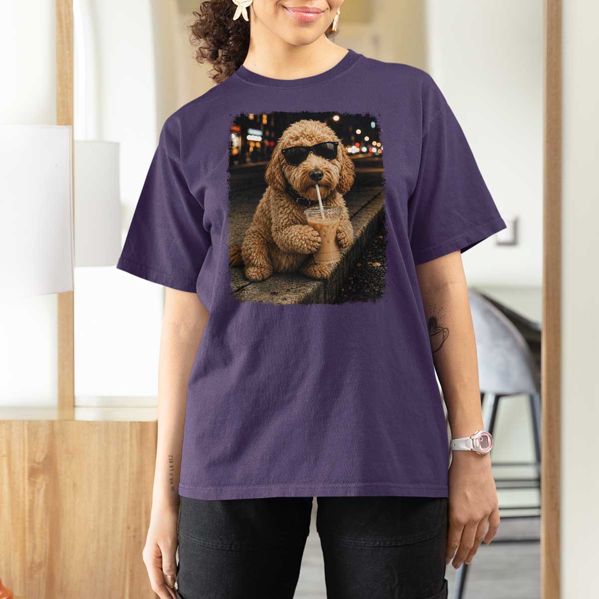 Goldendoodle Drinking Iced Coffee T Shirt For Women Grunge Graphic Funny Dog Lover