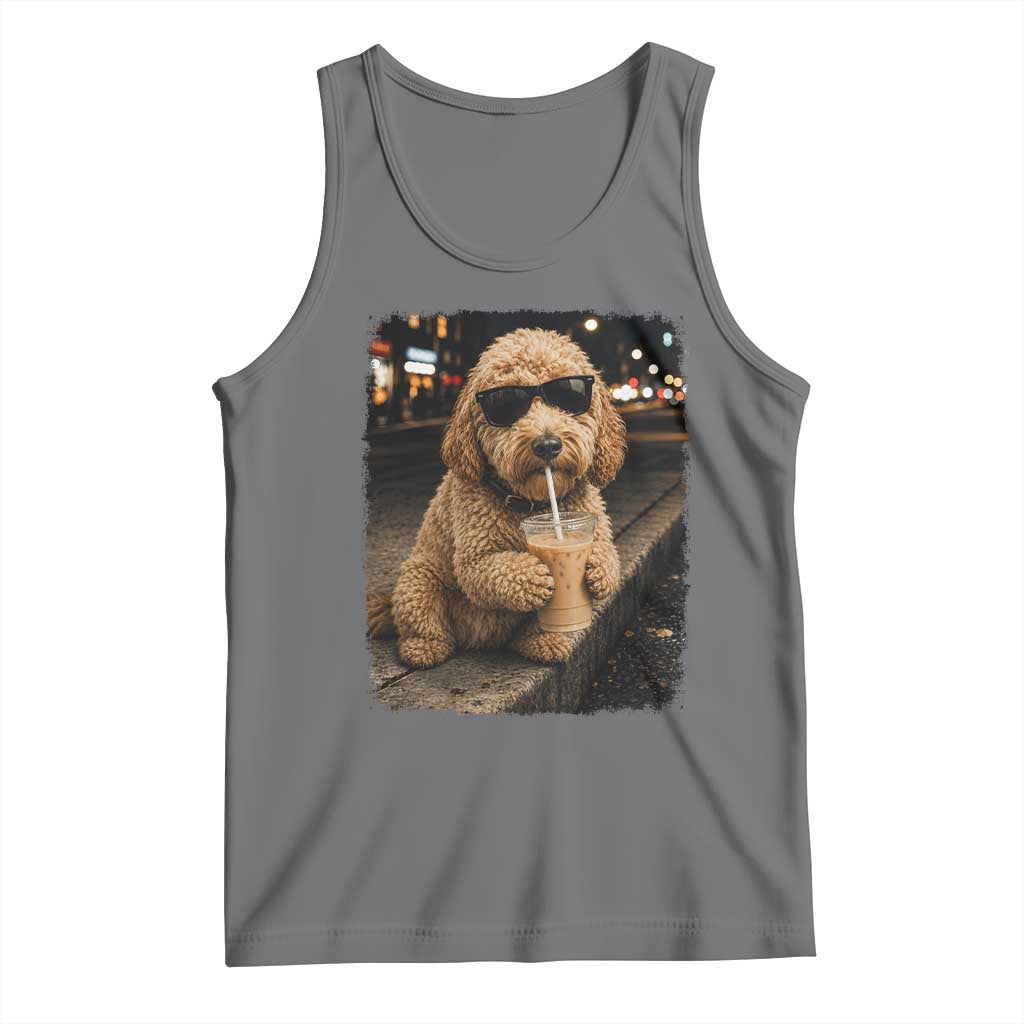 Goldendoodle Drinking Iced Coffee Tank Top Grunge Graphic Funny Dog Lover