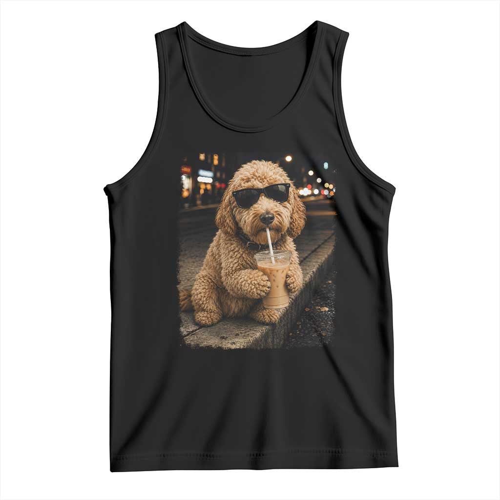 Goldendoodle Drinking Iced Coffee Tank Top Grunge Graphic Funny Dog Lover
