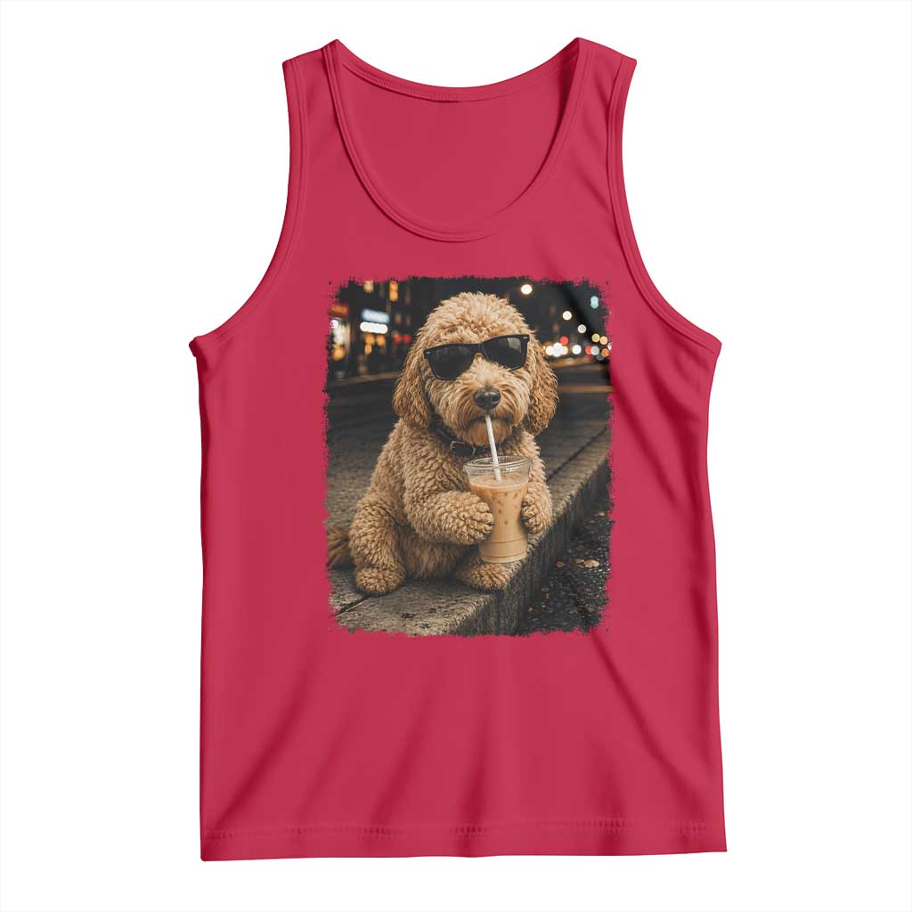 Goldendoodle Drinking Iced Coffee Tank Top Grunge Graphic Funny Dog Lover