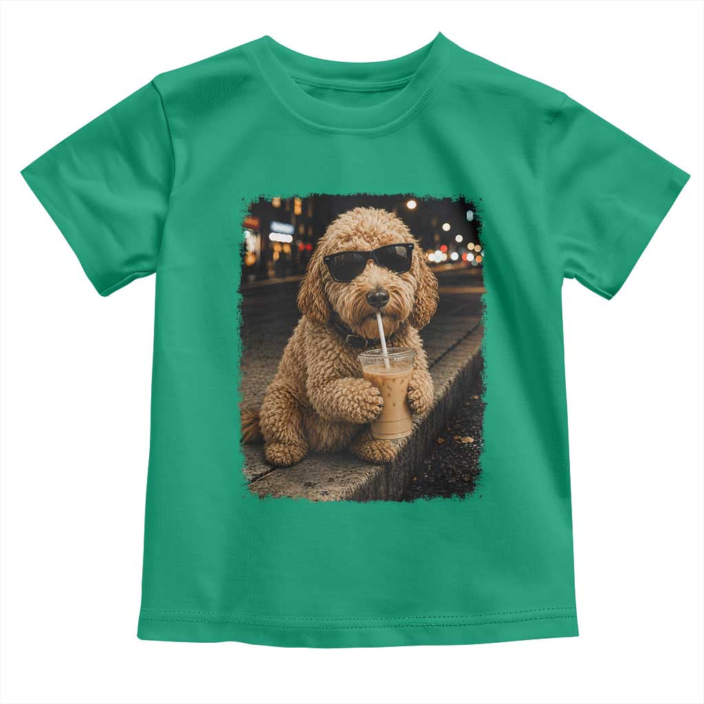Goldendoodle Drinking Iced Coffee Toddler T Shirt Grunge Graphic Funny Dog Lover