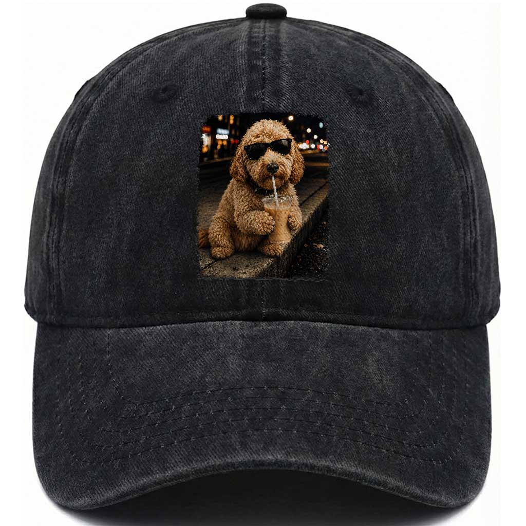 Goldendoodle Drinking Iced Coffee Washed Cotton Baseball Cap Grunge Graphic Funny Dog Lover