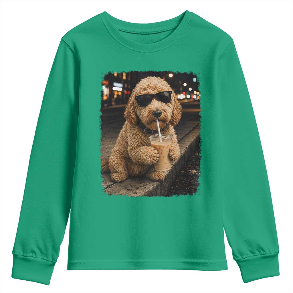 Goldendoodle Drinking Iced Coffee Youth Sweatshirt Grunge Graphic Funny Dog Lover